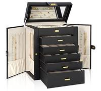 AKOZLIN Grande portagioie organizer funzionale con grande specchio, custodia per gioielli in pelle per donne e ragazze, per anelli, collane, orecchini, bracciali, organizer