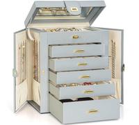 AKOZLIN, Grande portagioie organizer funzionale con serratura con grande specchio, custodia per gioielli in pelle per donne e ragazze, per anelli, collane, orecchini, bracciali, organizer grigio