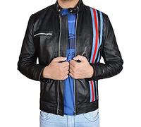 Aksah Fashion S Venom 2 Tom Hardy Eddie Brock - Giacca da motociclista in pelle nera con strisce rosse e blu, Nero , M