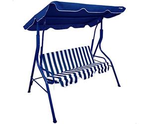 Aktive 61112 - Altalena da giardino a 3 posti Blu-Bianco | Tendalino basculante, seduta e schienale imbottiti | Sedia a dondolo da giardino antiscivolo per esterni | Misure 170x110x153