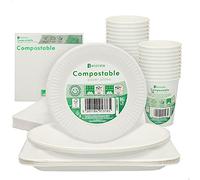 AKTIVE Procos 71345 Stoviglie monouso ecologica e biodegradabile, carta Balnco, 10 piatti piccoli + 10 piatti grandi + 10 piatti quadrati grandi + 20 bicchieri usa e getta + 20 tovaglioli