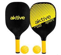 AKTIVE Set di racchette Pickleball, 40 x 19 cm, in legno resistente, con 2 palline forate, borsa per il trasporto, impugnatura imbottita, assortita in blu o giallo, spedizione casuale (62387)