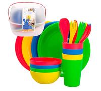 AKTIVE Set Picnic Camping per 4 persone Vassoio portavivande con manico Posate da campeggio, piatti, tazze, insalatiere Bicchieri in plastica dura riutilizzabili