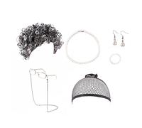 AKTOUR Extension per capelli a trama legate a mano, per costume da vecchia signora, per donne, nonna, parrucca, occhiali, collana di perle, orecchini, braccialetto (7 pezzi) parrucca riccia (nero,