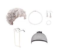 AKTOUR Extension per chignon, parrucca per cosplay, costume da vecchia signora, per donne, nonna, parrucca, occhiali, catena, collana, orecchini, braccialetto (7 pezzi) parrucca a righe (grigio,