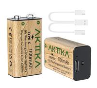 AKTTKA 2 Batterie Ricaricabili 9V USB-C 1100mAh, 6F22 ad Alte Prestazioni, Carica Rapida, Ideali per Chitarre Elettriche, Rilevatori di Fumo, Microfoni Wireless e Piccole Illuminazioni a LED