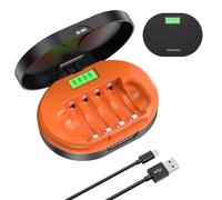 AKTTKA Caricabatterie AA/AAA per NiMH/NiCd, 4 Slot Caricatore Stilo e Ministilo, Ricarica Rapida ed Efficiente (Fino a 85%+), USB 5V/2A, Fino a 500 mA per Slot (Max.), Timer MCU e Protezioni Multiple