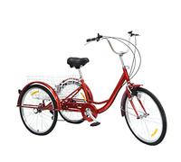 Akuoyiexemye 24 pollici triciclo per adulti Cruise Bike in acciaio ad alto tenore di carbonio con luce e cestello, 3 ruote bici da città, 6 marce, portata 120 kg (rosso)