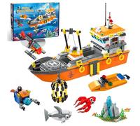 AKWME Set Costruzione Barca City Ocean Explorer, Set Costruzioni Giocattolo con Barca Esplorazione, Luci LED, Elicottero, Sottomarino e Gabbia Squali, Regali Compleanno per Maschio Bambini 6-12 Anni