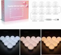 Akynite Luci da Specchio Hollywood 10 Lampadine con Adattatore, Cavo USB Regolabile, 3 Colori e 10 Intensità, Lampadina Specchio Trucco Adesive, Make Up Luci a LED per Cornice Specchio