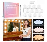 Akynite Luci da Specchio Hollywood 12 Lampadine con Adattatore, Cavo USB Regolabile, 3 Colori e 10 Intensità, Make Up Luci Adesive per Specchio Trucco, Luci a LED Make Up per Cornice Specchio