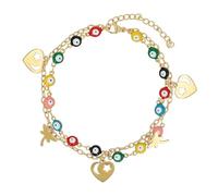 Akzent Cavigliera da donna in acciaio inox, 2 file, 23 + 5 cm, regolabile, cavigliera "Prisara" con ciondolo a forma di palma, cuore e occhi nazar, argento o oro