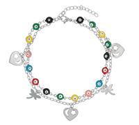 Akzent Cavigliera da donna in acciaio inox, 2 file, 24 + 5 cm, regolabile, cavigliera "Prisara" con ciondolo a forma di palma, cuore e occhi nazar, argento o oro