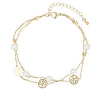 Akzent Cavigliera da donna in acciaio inox a 2 file, regolabile 21,5 + 5 cm, cavigliera con perle artificiali e ciondoli a forma di albero della vita, placcato agli ioni