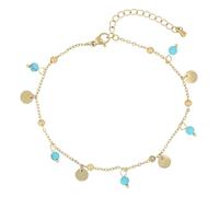 Akzent Cavigliera da donna in acciaio inox placcato oro, 21,5 + 5 cm, regolabile - Cavigliera con sfere turchesi e piastre in acciaio inox