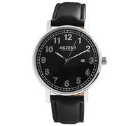 Akzent Exclusive - Orologio da uomo analogico con datario, in metallo e pelle al quarzo, colore: nero
