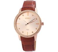 Akzent - Orologio da donna analogico al quarzo, in pelle, con strass, colore: oro rosa/marrone