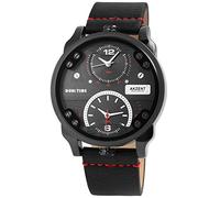 Akzent - Orologio da polso da uomo, analogico, al quarzo, in pelle, con numeri arabi, 2 fusi orari, colore: Nero/Rosso