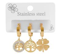 Akzent Set di orecchini a cerchio da donna, in acciaio inox, oro, a forma di quadrifoglio, con chiusura a clip, senza nichel e delicato sulla pelle, con confezione regalo inclusa