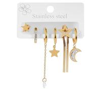 Akzent Set di orecchini da donna, in acciaio inox, argento lucido, a forma di stella, inserti Simili, diametro 10 mm, con chiusura a incastro, senza nichel e delicato sulla pelle, con confezione