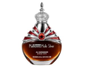 Al Haramain Mukhamria Maliki Silver - Olio profumato premium da 30 ml, profumo arabo a base di olio per donne e uomini, fragranza rosa, zafferano, muschio e legno di sandalo, regalo di lunga durata