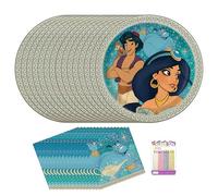 Aladdin - Confezione di articoli per feste per 16 ospiti, include piatti da 22,9 cm, tovaglioli e 24 candele di compleanno, set per feste di compleanno con principessa Jasmine e Aladdin
