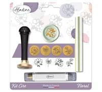 Aladine - Kit di cera per sigillatura floreale - Scrapbooking e carterie creative - cera + manico + batonnet di finitura + 4 sigilli tematici in ottone