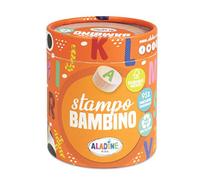 Aladine Cofanetto 28 timbri Lettere Supporto Legno Durevole Etichetta FSC + Inchiostro Nero - Tempo Libero Creativo da 3 Anni - Tema, Stampo Bambino Alfabeto, Alphabet