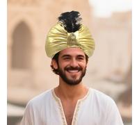 Aladino - Turbante da principe arabo per bambini, turbante dorato da Sultano indiano, con piume, per feste in maschera (giallo)