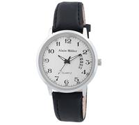 Alain Miller Orologio da uomo bianco nero analogico data pelle imitazione quarzo, Nero , cinghia