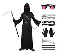 Alaiyaky Costume Mietitore Bambino & Adulto,Costume da Grim Reaper Unisex con Occhiali Luminosi/Falce Della Morte/Catene/Guanti/Cintura,Costume Triste Mietitore di Halloween Carnevale (XL, Bambini)