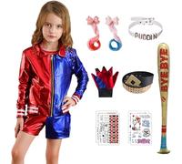 Alaiyaky Costume Quinn Costume Harley, Deguisement Carnevale Donna Quinn Costume con Giacca T-Shirt Pantaloncini Guanto Parrucca Cintura Palloncino Basso Tatuaggio, Allegato per Halloween (Ragazza,