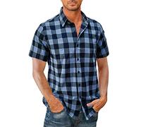 ALAIYO Camicia A Quadri A Maniche Corte Uomo Camicie Traspiranti per Il Tempo Libero Camicia da Bavero Estivo da Uomo Fit Camicia Base Uomo Camicia Sportiva Casual Uomo C-Light Blue M