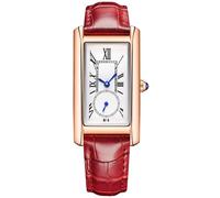 ALANTOP Elegante orologio al quarzo da donna, rettangolare, con cinturino in pelle, corona di cristallo blu, impermeabile, design elegante, Rosso rosato