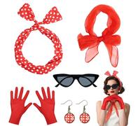 Alaoo 5 Set Accessori Anni 50 Donna, Rockabilly Accessoires 50er Jahre Damen, Include Sciarpa di Chiffon, Fascia a Pois, Occhiali da Gatto, Orecchini e Guanti, Abbinalo a Vestiti Retrò Anni '50(Rosso)
