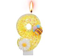 Alaoo Candele di Compleanno, Candele per Torta di 9° Compleanno, con Ape Candele Decorazione di Topper Torta, Candele per Torte, Decorazioni per Feste, Adatto a Ragazzi e Ragazze(Giallo-9)
