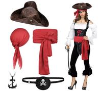 Alaoo Kit Accessori Pirata, 5 Pezzi Capitano Pirata Costume Accessori concintura, Fascia da pirata, cappello, collana e benda, Accessori per Costume da Pirata per Halloween Carnevale Festa(Rosso-5pcs)