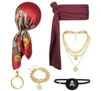 Alaoo Kit Accessori Pirata, 6 pezzi Capitano Pirata Costume Accessori Include foulard, cintura, mascherina per gli occhi, collana, braccialetto, orecchini, per Halloween Carnevale Festa(6pcs)