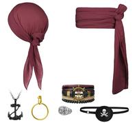Alaoo Kit Accessori Pirata, 7 pezzi Capitano Pirata Costume Accessori cInclusi cintura, foulard, collana, mascherina per gli occhi, braccialetto, anello, orecchini, per Halloween Carnevale Festa(7pcs)