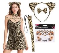 Alaoo Set di Cerchietti con Orecchie di Leopard Viene fornito con fascia con stampa leopardata, coda, papillon, Adesivi per il viso per adulti e bambini, Adatto per carnevale e Halloween(A)