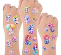 Alaoo Tatuaggi Temporanei Per Bambini, 24 Fogli Adesivi glitterati per bambini, Adatto per il trucco di Halloween, carnevale, festa di compleanno(Unicorno + Sirena)