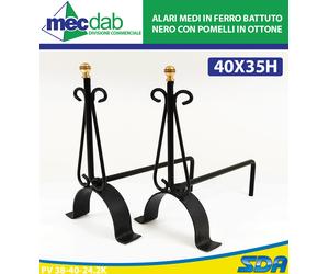 Alari Medi in Ferro Battuto Cm 40x35h Nero con Pomelli in Ottone