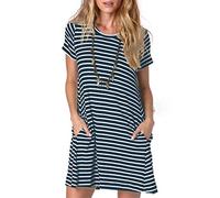 Alaster - Vestito estivo da donna, casual, a maniche corte, con tasca, a tunica, da donna, A-blu navy a righe, S