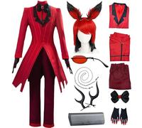 Alastor Cosplay Hazbin Hotel Cosplay Set rosso con parrucca, accessori per capelli e occhiali Costume anime di Halloween (Rosso + parrucca, 3XL)