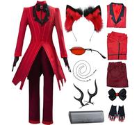 Alastor Cosplay Hazbin Hotel Cosplay Set rosso con parrucca, accessori per capelli e occhiali Costume anime di Halloween (Rosso, S)