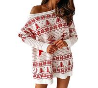 Alaurbeauty Abito da donna a maniche lunghe, girocollo, maglione natalizio con motivo alce e fiori, vestibilità larga, per Natale e inverno, Z-bianco#1, M