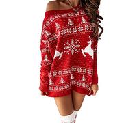 Alaurbeauty Abito da donna a maniche lunghe, girocollo, maglione natalizio con motivo alce e fiori, vestibilità larga, per Natale e inverno, Z-red#1, M