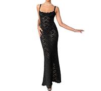 Alaurbeauty Abito da donna in pizzo Y2K, maxi abito in rete, bodycon cami, senza maniche, per sfoggiare, abito lungo aderente, Nero , L