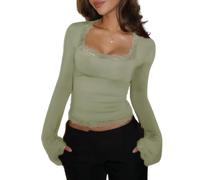Alaurbeauty Camicetta da donna con merletti, scollo squadrato, maniche a campana Y2K, crop top, aderente, per la sera, verde chiaro, M
