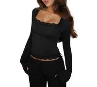 Alaurbeauty Camicetta da donna con merletti, scollo squadrato, maniche a campanella Y2K, crop top, aderente, per la sera, Nero , S